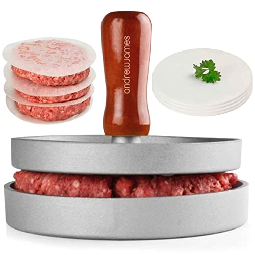 Andrew James Quarter Pounder Hamburger Maker | Burgerpresse aus Aluminiumguss und Fleischklopfer mit Holzgriff | Inklusive 100 Wachspapierscheiben von ANDREW JAMES