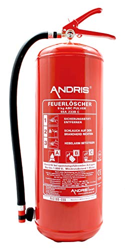 Feuerlöscher 9kg ABC Pulverlöscher mit Manometer 15LE, EN 3 inkl. Wandhalterung, Orig. ANDRIS® ISO Symbolschild & ANDRIS® Prüfnachweis von Andris