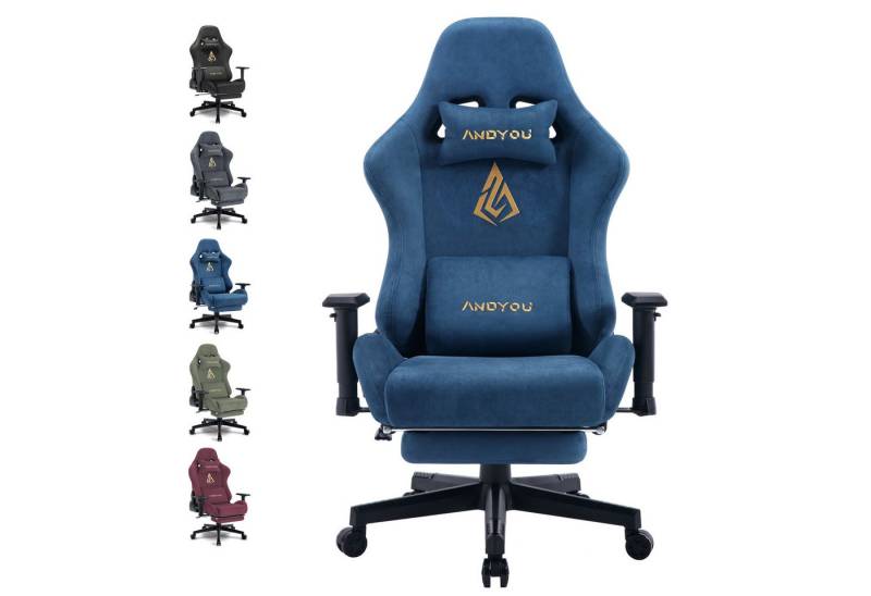 ANDYOU Gaming-Stuhl mit atmungsaktivem Alcantara-Bezug, drehbar, ergonomisch, 200kg (1 St), Blau von ANDYOU