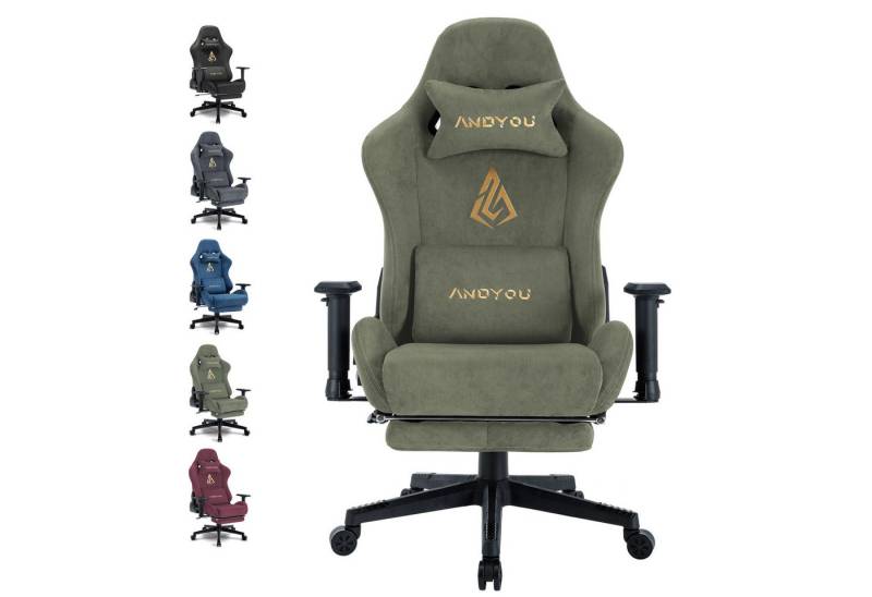 ANDYOU Gaming-Stuhl mit atmungsaktivem Alcantara-Bezug, drehbar, ergonomisch, 200kg (1 St), Grün von ANDYOU