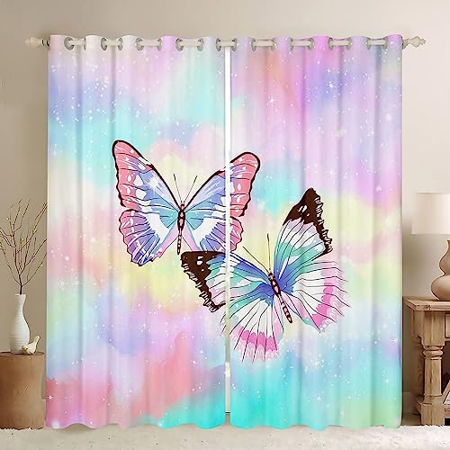 ANEEHA Vorhang Blickdicht Schmetterling Vorhänge Pinkes Mädchen Gardinen Wohnzimmer Schlafzimmer Verdunklungsvorhänge Thermovorhang 3D Druck Schallschutz Vorhang mit Ösen 2er Set B 75 x H 166 cm von ANEEHA