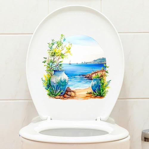 ANEIDA 29 * 27CM 5PCS Meer Landschaft Selbstklebende Toilettendeckel Aufkleber Lustige PVC Wasserdichte Toilettensitz Aufkleber für Deckel Badezimmer Wandaufkleber von ANEIDA