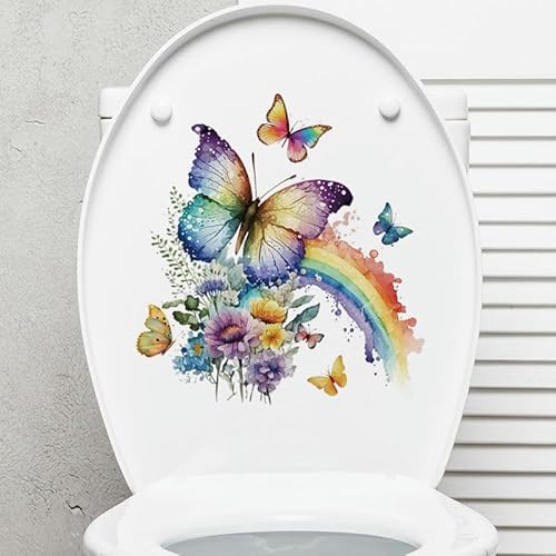 ANEIDA 30 * 28CM 3PCS Schmetterling Blume Regenbogen Selbstklebende Toilettendeckel Aufkleber Lustige PVC Toilettensitz Aufkleber für Deckel Badezimmer Wandaufkleber von ANEIDA
