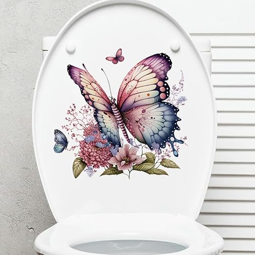 ANEIDA 30 x 29 cm, 3 Stück, Schmetterlingsblumen, selbstklebende Toilettendeckel-Aufkleber, lustige PVC-wasserdichte Toilettensitz-Aufkleber für Deckel, Badezimmer-Wandaufkleber von ANEIDA
