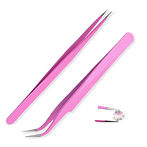 2 Stück Spitz Pinzette Gebogen und Gerade Rosa Edelstahl für Dekorative Nägel Augenbrauen Wimper Zupfen von ANEWISH
