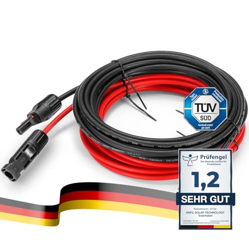 Solarkabel Verlängerung ANFIL 4mm2/12AWG Solarpanel Photovoltaik Verlängerungskabel Solar PV Kabel mit Buchse und Stecker für Fachgerechter Solarsystem Einbau (12m rot + 12m schwarz) von ANFIL Solar Technology