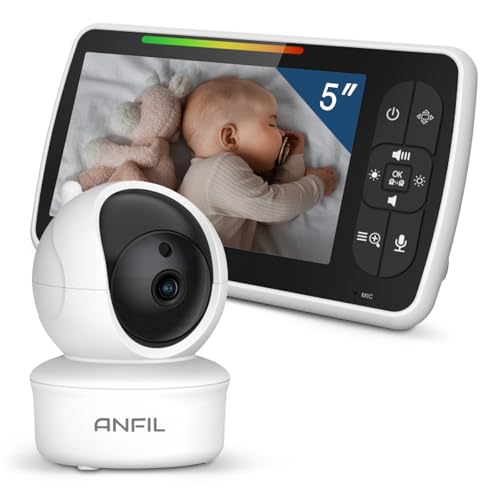 ANFIL® Babyphone mit Kamera 5 Zoll Zwei-Wege-Audio, Nachtsicht - Baby-Überwachungssicherheitssystem mit VOX-Modus - 30 Stunden Akku, Temperatur, Nachtsicht - 355° Schwenken- und 120° Neige-Zoomen von ANFIL