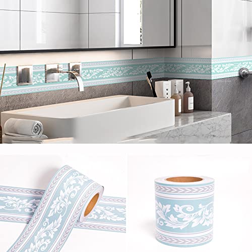 Tapetenbordüre selbstklebend zum Aufkleben für Wohnzimmer Küche Badezimmer Abnehmbare Wasserdicht Bodenleiste PVC Dekorative Bordüre blau-weiße Rebe 12X1000cm von ANGANGAN
