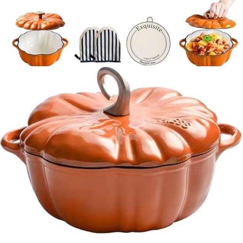 Dutch Oven mit Kürbissen, emaillierter Kürbistopf aus Gusseisen mit Deckel, Kürbis-Auflauf-Suppentopf für alle Herdplatten, Thanksgiving-Halloween-Küchendekoration(OrangeB,20cm/7.9in) von ANGDI