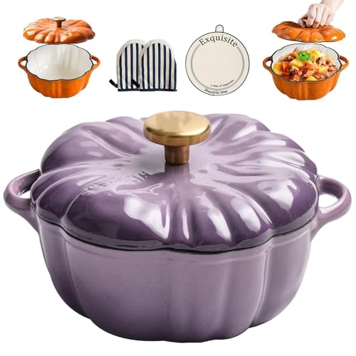 Dutch Oven mit Kürbissen, emaillierter Kürbistopf aus Gusseisen mit Deckel, Kürbis-Auflauf-Suppentopf für alle Herdplatten, Thanksgiving-Halloween-Küchendekoration(PurpleA,20cm/7.9in) von ANGDI