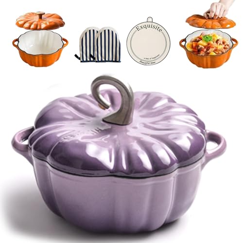 Dutch Oven mit Kürbissen, emaillierter Kürbistopf aus Gusseisen mit Deckel, Kürbis-Auflauf-Suppentopf für alle Herdplatten, Thanksgiving-Halloween-Küchendekoration(PurpleB,20cm/7.9in) von ANGDI