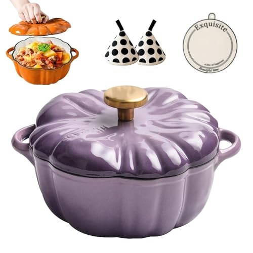 Emaillierter Dutch Oven aus Gusseisen mit Kürbissen, Dutch Oven mit Kürbissen und Doppelgriff, Kürbisauflauf für alle Herdplatten, Thanksgiving-Halloween-Küchendekor(PurpleA,20cm/7.9in) von ANGDI