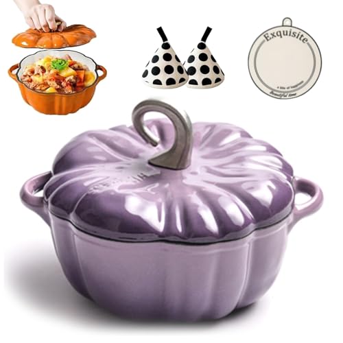 Emaillierter Dutch Oven aus Gusseisen mit Kürbissen, Dutch Oven mit Kürbissen und Doppelgriff, Kürbisauflauf für alle Herdplatten, Thanksgiving-Halloween-Küchendekor(PurpleB,16cm/6.2in) von ANGDI