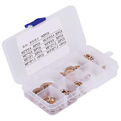 ANGGREK 180pcs Messing Wasschern Messing Flat Waschmaschinen Messing Scheiben Sortiment Set 8 Größen M2 M2,5 M3 M4 M5 M6 M8 M10 mit Kunststoffgehäuse für -Reparaturwartung von ANGGREK