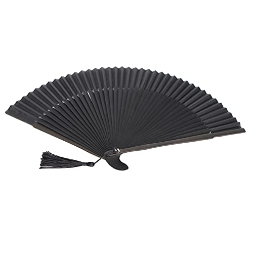 ANGGREK Handheld Folding Fan Bamboo Frame Black Silk Fabric with Painted Handle and Exquisite Tassels for Home Office Decoration DIY Gifts 德语翻译: Handlicher Faltfächer mit Bamboorahmen, von ANGGREK