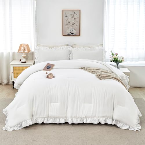 ANGIYUIN 5-teiliges Queen-Bettwäsche-Set mit weißen Rüschen, für Damen und Herren, Vintage-Bauernhaus-Bettwäsche-Set, solide Eleganz, Bett in einer Tasche für alle Jahreszeiten (weißes Queen-Size-Bett ANGIYUIN 5-teiliges Queen-Bettwäsche-Set mit weißen Rüschen, für Damen und Herren, Vintage-Bauernhaus-Bettwäsche-Set, solide Eleganz, Bett in einer Tasche für alle Jahreszeiten (weißes Queen-Size-Bett von ANGIYUIN