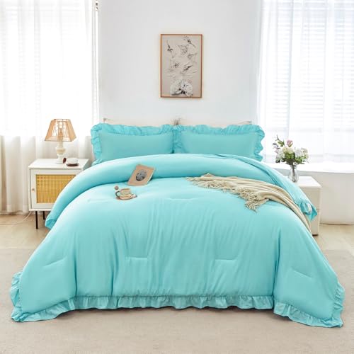 ANGIYUIN Aquablaues Bettdecken-Set für Teenager-Mädchen, 5-teiliges Rüschenbett in einer Tasche mit Laken, einfarbig, elegante Bettwäsche, Bettdecken-Set für alle Jahreszeiten, Aquablau ANGIYUIN Aquablaues Bettdecken-Set für Teenager-Mädchen, 5-teiliges Rüschenbett in einer Tasche mit Laken, einfarbig, elegante Bettwäsche, Bettdecken-Set für alle Jahreszeiten, Aquablau von ANGIYUIN
