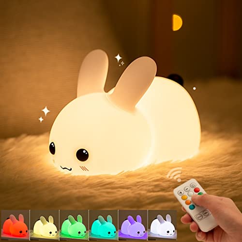 ANGKMA Nachtlicht Kinder, 7 Farben LED Nachttischlampe Babyzimmer, Silikon Stilllicht Dimmbar Touch für Geschenke für Mädchen, Cute Nachtlampe Kinderzimmer (Kaninchen) von ANGKMA