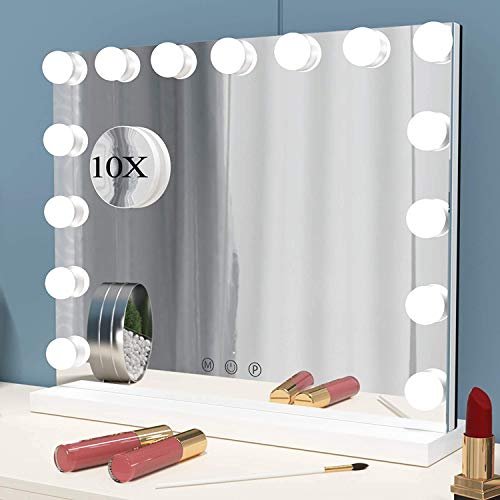 ANGNYA Hollywood Spiegel mit Licht Beleuchteter Kosmetikspiegel 15 dimmbaren LED-Lampen Touch-Steuerung Tabletop mit 10-facher Vergrößerung Spiegel für Wohnzimmer, Schlafzimmer, Kosmetikstudio von ANGNYA
