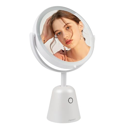 ANGNYA Kosmetikspiegel LED Beleuchtung mit Vergrößerungsspiegel 10X / 1X, Doppelseitiger LED Tischspiegel 360° Drehbar, USB Aufladbarer Schminkspiegel einstellbare Helligkeit, großer Rasierspiegel von ANGNYA