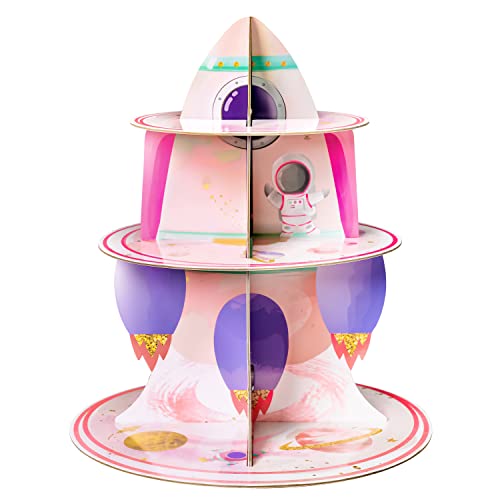 ANGOLIO 3 Etagen Aquarell Raumstation Cupcake Ständer Weltraum Geburtstag Party Karton Cupcake Halter Dekorationen Galaxy Party Dessert Turm Sonnensystem Party Supplies Raketen Thema Babyparty von ANGOLIO