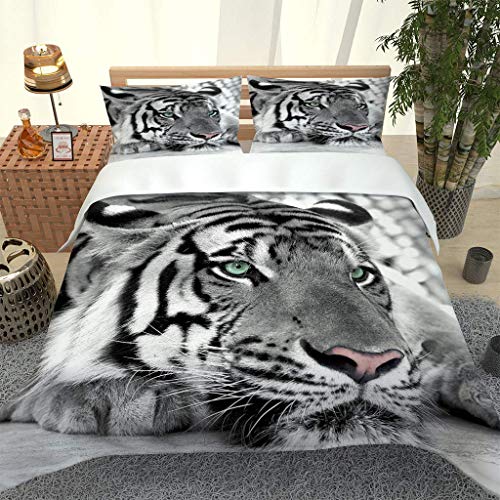 ANHHWW Bettwäsche Set 220X240Cm Schwarzweiss-Tiger Bettbezug 3 Teilig (Super Weiche Microfaser) Mit Reißverschluss, Atmungsaktiv - 1 Bettbezug 220X240Cm + 2 Kissenbezüge 80X80Cm von ANHHWW