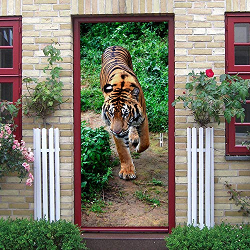 ANHHWW Türtapete Selbstklebend Türposter 3D Grüner Gras Tier Tiger Bewirken Fototapete Türfolie Poster Tapete Abnehmbar Wandtapete Für Wohnzimmer Küche Schlafzimmer 95X215Cm von ANHHWW