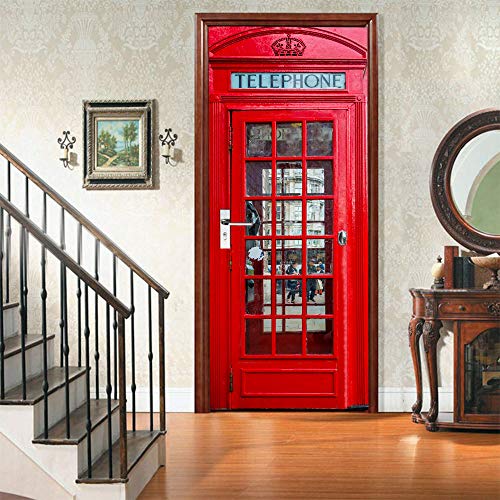 ANHHWW Türtapete Selbstklebend Türposter 3D Straßenrote Telefonzelle Bewirken Fototapete Türfolie Poster Tapete Abnehmbar Wandtapete Für Wohnzimmer Küche Schlafzimmer 77X200Cm von ANHHWW