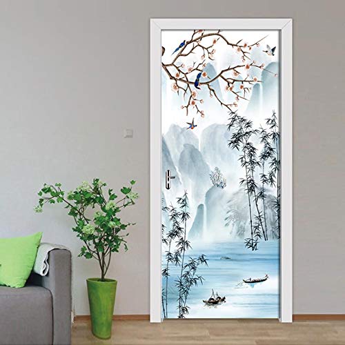 ANHHWW Türtapete Selbstklebend Türposter -Pvc 3D Chinesische Tinte Blumen Und Vögel Landschaft 88X200Cm - Fototapete Türfolie Poster Tapete Abnehmbar Wandtapete Wohnzimmer Küche Schlafzimmer Wandaufkl von ANHHWW