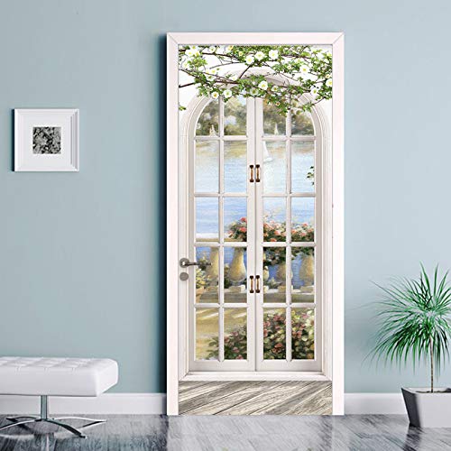 ANHHWW Türtapete Selbstklebend Wasserdicht Pvc Abnehmbar 88X200Cm Schöner Garten Seeblick Tapete Fototapete - Türposter Türaufkleber Für Wohnzimmer, Schlafzimmer Tür Dekoration von ANHHWW