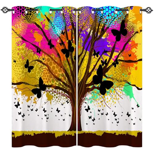ANHOPE Aquarell Bunt Baum Schmetterling Vorhänge Gardinen Blickdichte mit Ösen Thermo Vorhang Blackout Curtains Schlafzimmer Wohnzimmer Verdunkelung 2er Set H 160 x B 140 cm von ANHOPE