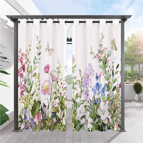 ANHOPE Aquarell Floral Schmetterling Outdoor Vorhänge mit Ösen Wasserdicht Wetterfest Außen Vorhang für Balkon Terrasse Garten Pergola Pavillon Aussen Gardinen 2er Set H214 x B132 cm von ANHOPE