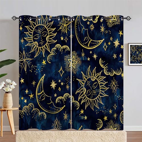 ANHOPE Astrologie Sonne Mond Sterne Vorhänge mit Ösen Weich Gardinen Blickdichte Thermo Vorhang Blackout Curtain Schlafzimmer Wohnzimmer Verdunklungsvorhänge 2er Set H 200 x B 140 cm von ANHOPE