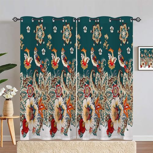 ANHOPE Bohemian Paisley Vogel Blumen Vorhänge Gardinen Blickdichte mit Ösen Thermo Vorhang Blackout Curtains Schlafzimmer Wohnzimmer Verdunkelung 2er Set H 229 x B 117 cm von ANHOPE