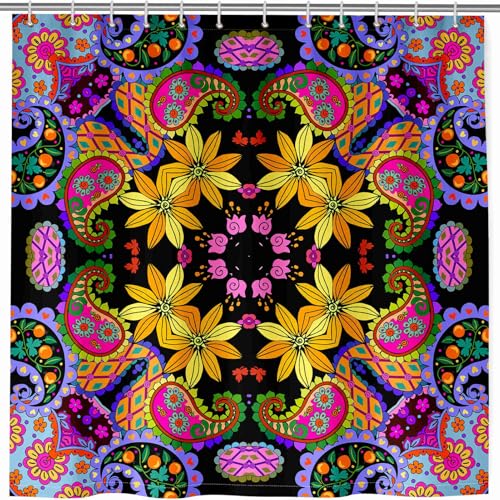 ANHOPE Bunt Böhmen Paisley Blume Duschvorhang Wasserdicht Anti-schimmel Polyester Stoff Duschvorhänge 180 x 200 cm Shower Curtains Waschbar Bad Vorhäng für Badzimmer mit 12 Haken von ANHOPE