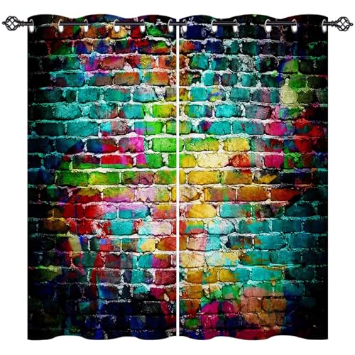 ANHOPE Bunte Graffiti Ziegel Wand Blickdichte Gardinen mit Ösen Weich Thermo Vorhänge Wohnzimmer Schlafzimmer Verdunklungsvorhänge 2er Set H 160 x B 140 cm von ANHOPE
