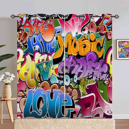 ANHOPE Bunte Städtisch Graffiti Gardinen Blickdichte mit Ösen Kinder Jungen Mädchen Thermo Vorhänge Blackout Curtain Vorhang Wohnzimmer Schlafzimmer Verdunklungsvorhänge 2er Set H 183 x B 140 cm von ANHOPE