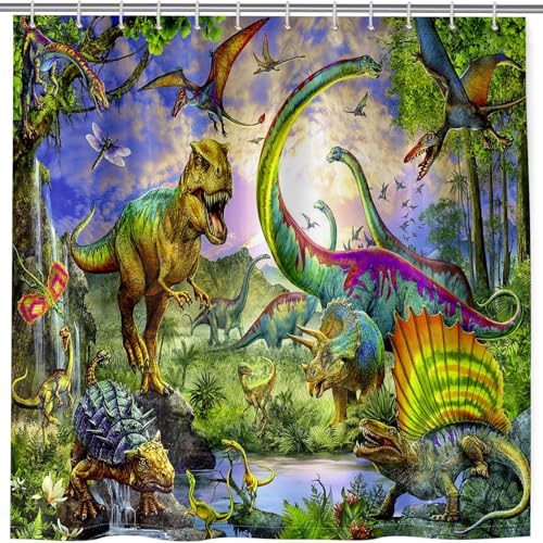 ANHOPE Dschungel Tier Dinosaurier Duschvorhang Anti Schimmel Wasserdicht Waschbar Badezimmer Duschvorhänge Shower Curtain Polyester Stoff Badewanne Vorhänge mit 12 Haken 180 x 180 cm von ANHOPE