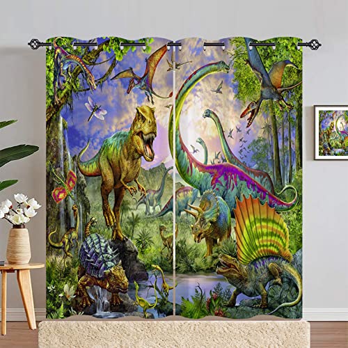 ANHOPE Dschungel Tier Dinosaurier Vorhänge mit Ösen Blickdichte Gardinen Thermo Vorhang Blackout Curtain Schlafzimmer Wohnzimmer Kinder Jungen Mädchen Verdunklungsvorhänge 2er Set H 183 x B 168 cm von ANHOPE