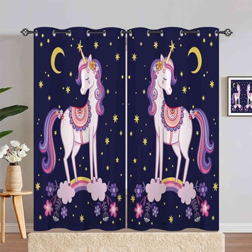 ANHOPE Einhorn Regenbogen Mond Stern Gardinen Blickdichte mit Ösen Kinder Mädchen Thermo Vorhänge Blackout Curtain Vorhang Wohnzimmer Schlafzimmer Verdunklungsvorhänge 2er Set H 229 x B 140 cm von ANHOPE