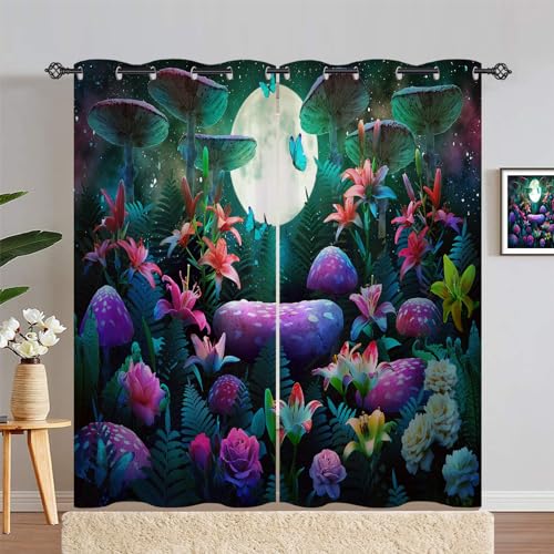 ANHOPE Fantasie Wald Pilz Blume Mond Verdunklungsvorhänge mit Ösen Blickdichte Gardinen Thermo Vorhänge Blackout Curtain Weich Wohnzimmer Schlafzimmer Vorhang 2er Set H 214 x B 117 cm von ANHOPE