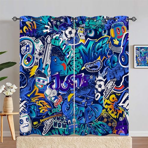 ANHOPE Graffiti Fußball Auto Gamepad Vorhänge mit Ösen Kinder Jungen Mädchen Gardinen Blickdichte Thermo Vorhang Blackout Curtain Schlafzimmer Wohnzimmer Verdunklungsvorhänge 2er Set H 245 x B 140 cm von ANHOPE