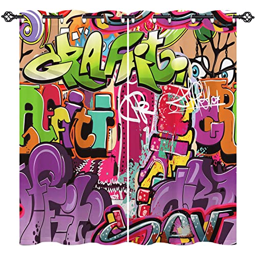 ANHOPE Graffiti-Vorhänge mit Ösen, 80 % Verdunkelungsvorhänge mit modernem Straßen-abstraktem Hip-Hop-Druckmuster, lichtblockierende Fenstervorhänge für Schlafzimmer, 117.8x137.7 cm, 2 Paneele von ANHOPE