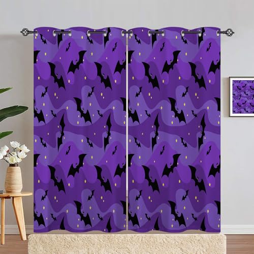 ANHOPE Halloween Thema Tier Fledermaus Gardinen Blickdichte mit Ösen Weich Thermo Vorhänge Blackout Curtain Vorhang Wohnzimmer Schlafzimmer Verdunklungsvorhänge 2er Set H 200 x B 140 cm von ANHOPE