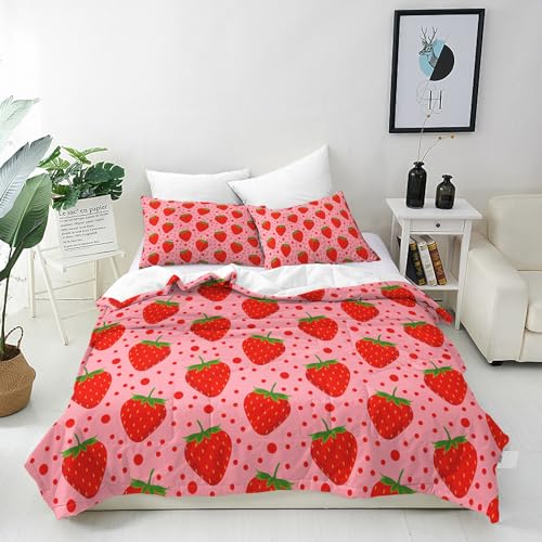 ANHOPE Kawaii Rosa Obst Erdbeer Bettwäsche Set 3 Teilig Weich Bettbezug 200x200 cm & 2 Kissenbezug 80x80 cm Microfaser Bettbezüge Set mit Reißverschluss Bettdeckenbezug für Kinder Mädchen von ANHOPE