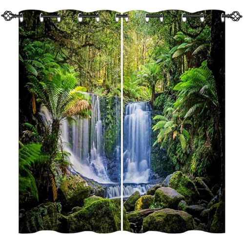 ANHOPE Natur Dschungel Wasserfall Gardinen Blickdichte Thermo Vorhänge mit Ösen Weich Vorhang Blackout Curtain Wohnzimmer Schlafzimmer Verdunklungsvorhänge 2er Set H 138 x B 132 cm von ANHOPE