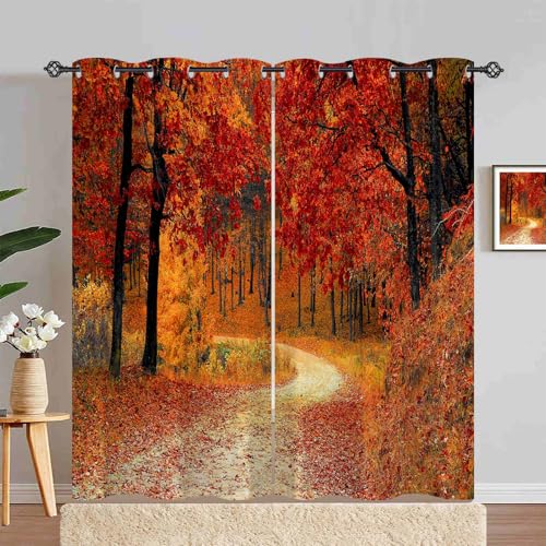 ANHOPE Natur Herbst Wald Baum Blickdichte Gardinen mit Ösen Thermo Vorhänge Weich Vorhang Blackout Curtain Wohnzimmer Schlafzimmer Verdunklungsvorhänge 2er Set H 245 x B 140 cm von ANHOPE