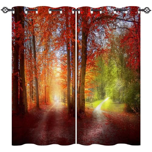 ANHOPE Natur Herbst Wald Pfad Vorhänge mit Ösen Weich Gardinen Blickdichte Thermo Vorhang Blackout Curtain Schlafzimmer Wohnzimmer Verdunklungsvorhänge 2er Set H 160 x B 107 cm von ANHOPE