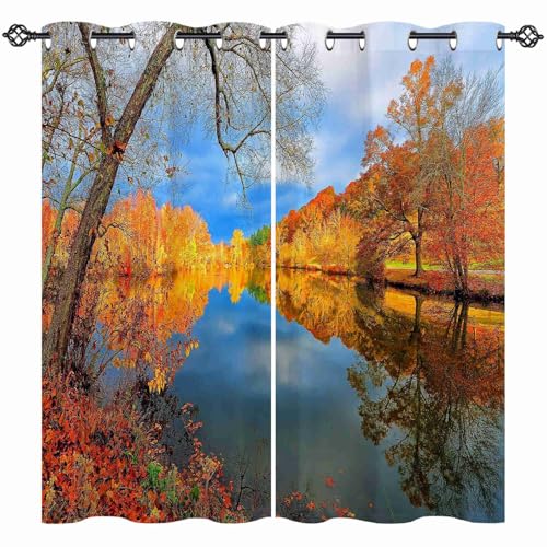 ANHOPE Natur Landschaft Herbst Wald See Verdunklungsvorhänge mit Ösen Blickdichte Gardinen Blackout Curtain Thermo Vorhänge Weich Schlafzimmer Wohnzimmer Vorhang 2er Set H 160 x B 132 cm von ANHOPE