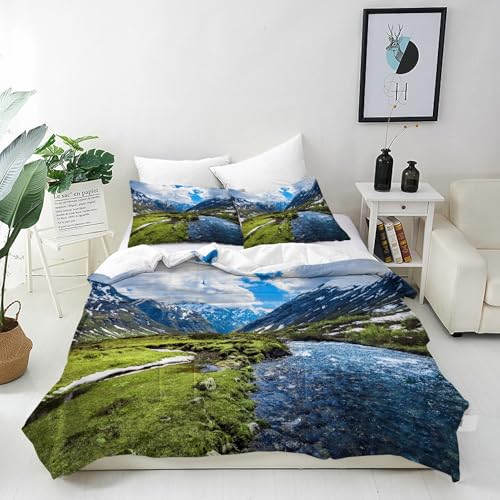 ANHOPE Natur Landschaft Schnee Berg Fluss Bettwäsche Set Microfaser Bettbezüge mit Reißverschluss 2 Teilig Bettbezug 135x200 cm + Kissenbezug 80x80 cm Weich Ganzjahres Bettdeckenbezug Set von ANHOPE